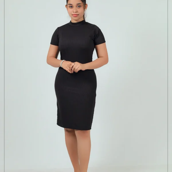 Ribbed High-Neck Bodycon Dress - Black