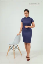 Ribbed High-Neck Bodycon Dress - Navy Blue