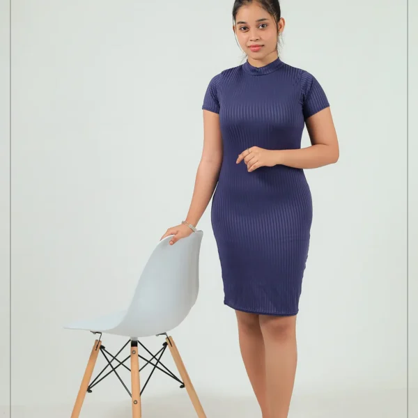 Ribbed High-Neck Bodycon Dress - Navy Blue