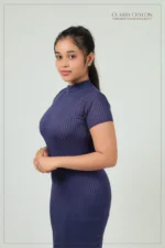 Ribbed High-Neck Bodycon Dress - Navy Blue - Image 2