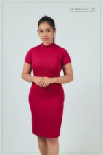 Ribbed High-Neck Bodycon Dress - Maroon - Image 2