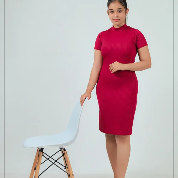 Ribbed High-Neck Bodycon Dress - Maroon