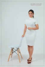 Ribbed High-Neck Bodycon Dress - White