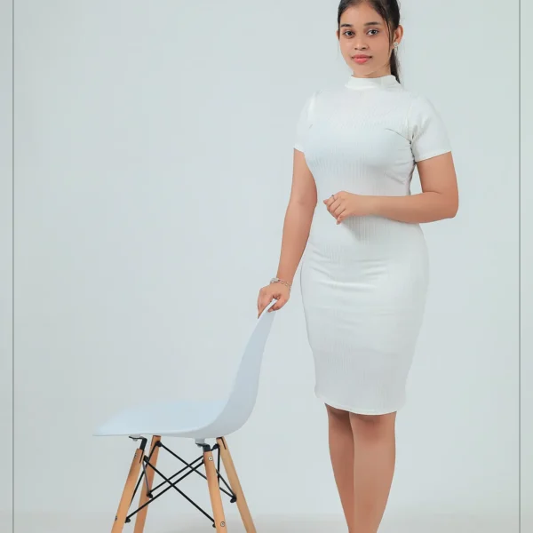 Ribbed High-Neck Bodycon Dress - White