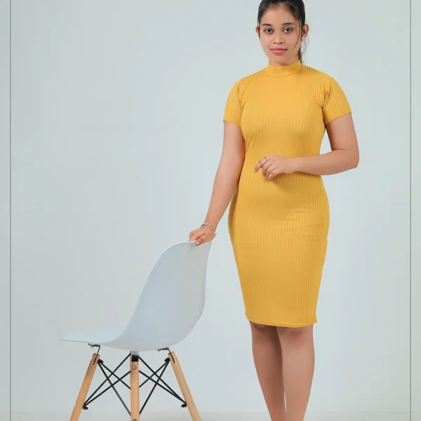 Ribbed High-Neck Bodycon Dress - Yellow
