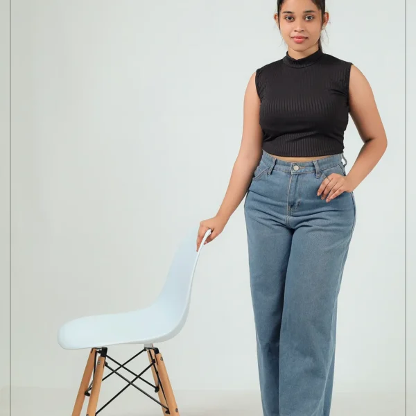 Ribbed High-Neck Top- Black