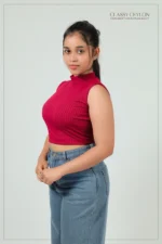 Ribbed High-Neck Top- Maroon - Image 2