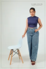 Ribbed High-Neck Top- Navy Blue