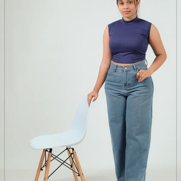 Ribbed High-Neck Top- Navy Blue