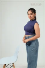 Ribbed High-Neck Top- Navy Blue - Image 2