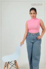 Ribbed High-Neck Top- Pastel Pink