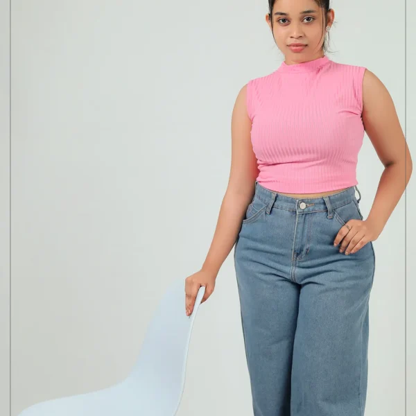 Ribbed High-Neck Top- Pastel Pink