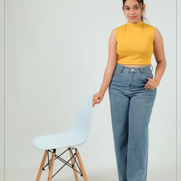 Ribbed High-Neck Top- Yellow