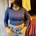 Ribbed Long Sleeve Top - Navy Blue