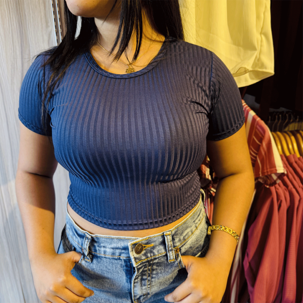 Ribbed Crew Neck Top - Navy Blue