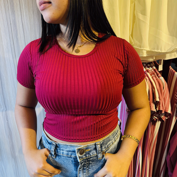 Ribbed Crew Neck Top - Maroon